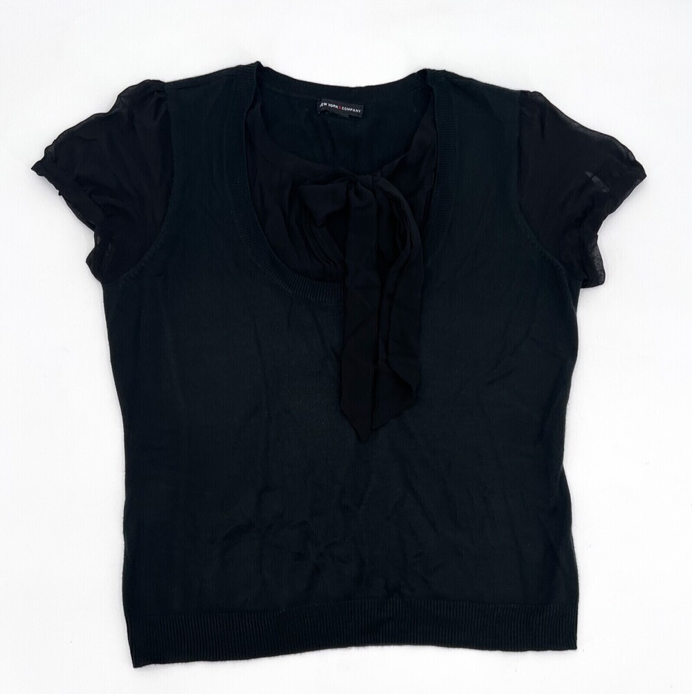 New York & Company Shirt Womens Large Black Crop Blouse Round Neck Sheer